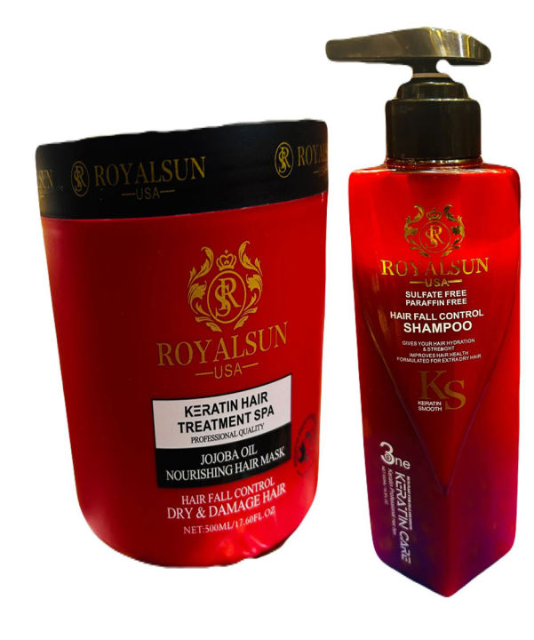 Royalsun USA Keratin Smooth  | Hair Fall Control Shampoo 550 ML  | Hair Treatment SPA 500 ML (Set)