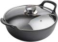 25cm Cast Iron Kadai Wok Set (2 Pcs) | Pre-Seasoned Nonstick Fry Pan with Lid | Flat Bottom for Induction, Gas & Electric Stoves. 