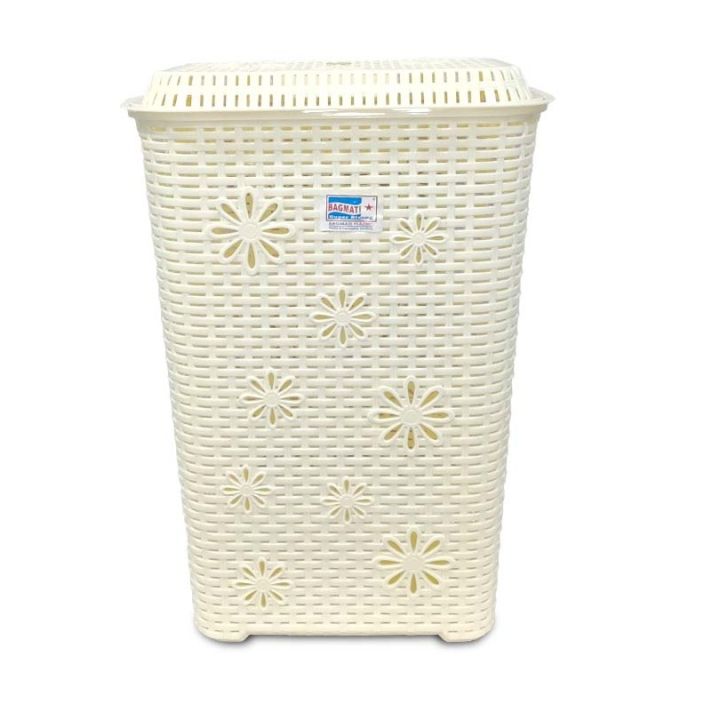 Plastic Square Shape Laundry Basket Organizer With Lid - White