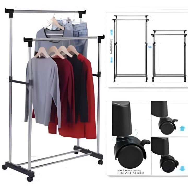 Product details of Double Pole Adjustable Stainless Steel Cloth Drying Hanger And Organizer Rack With Wheel