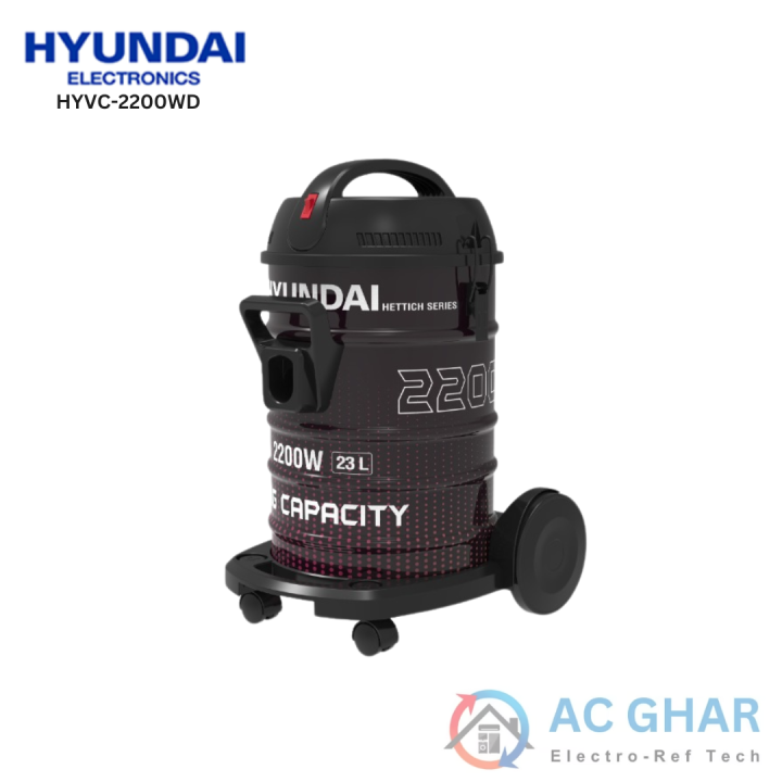 Hyundai 23L Hettich Series Vacuum Cleaner 2200W with Strong Suction, 190W Motor Power, 29L/s Airflow, Dust Full Indicator, 1.5m Hose, Round & Flat Brush, Wheels – HYVC-2200WD