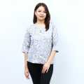 Attire Nepal Grey Cotton V-Neck Quarter Sleeve Flower Printed Front Button Design Tops For Women. 