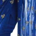 Blue Chiffon Floral Embroidered Golden Border Design Saree For Women. 