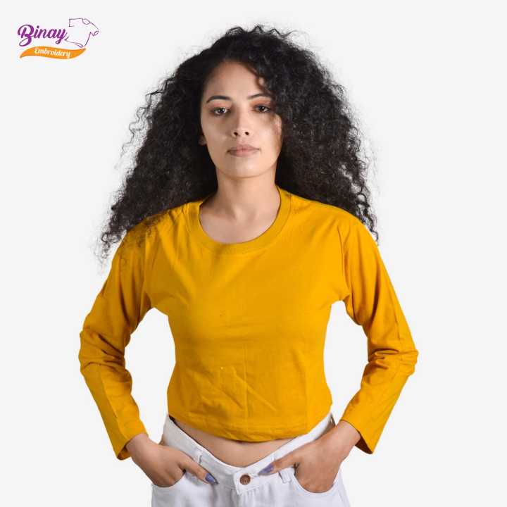 Binay Embroidery Mustard Yellow Color Full Sleeve Crop Top T-Shirt