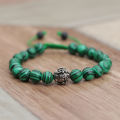 Unisex Malachite Stone Wrist Mala With Mantra Carved White Metal/ Bracelet. 