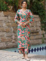 Fabdale Green & Pink Floral Print Kurta Palazzo Co-ord Set | Wedding, Party & Festive Wear (RYEX007). 