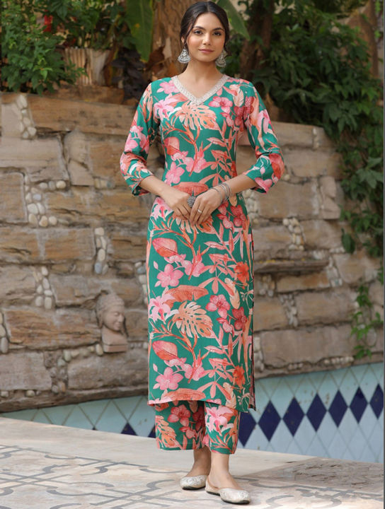 Fabdale Green & Pink Floral Print Kurta Palazzo Co-ord Set | Wedding, Party & Festive Wear (RYEX007)