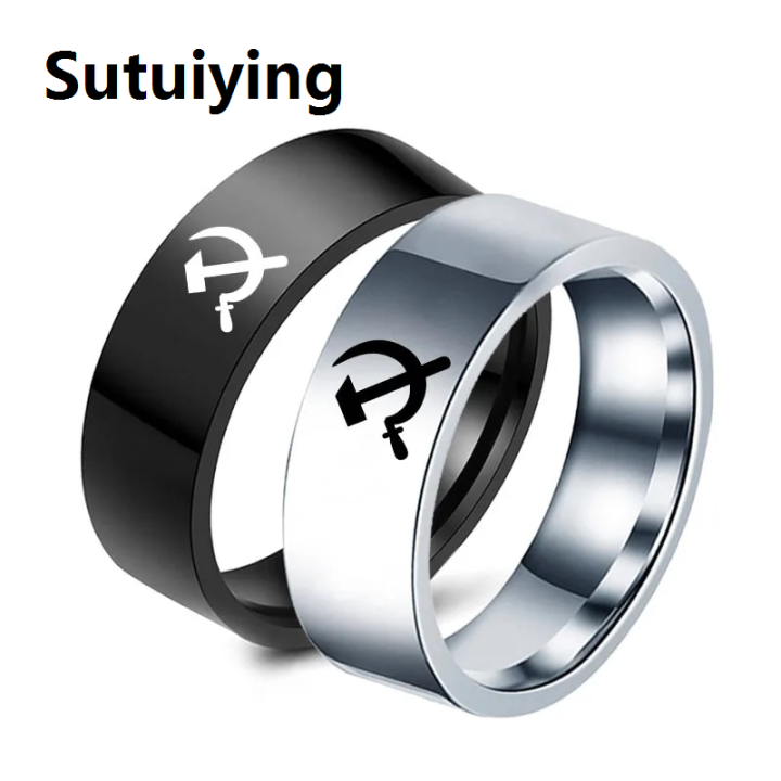 Sutuiying MOREDEAR 2020 Fashion Jewelry Hammer and Sickle Ring Titanium Steel Rings 8mm Men's Ring Cocktail Ring for Anniversary Gift