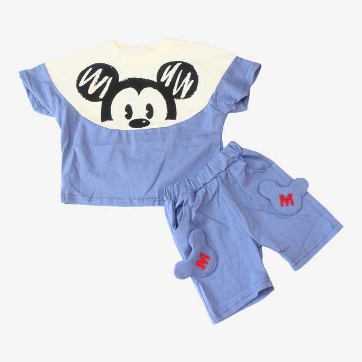 Blue Color Mickey Mouse Printed Two Piece Dress Set For Boys