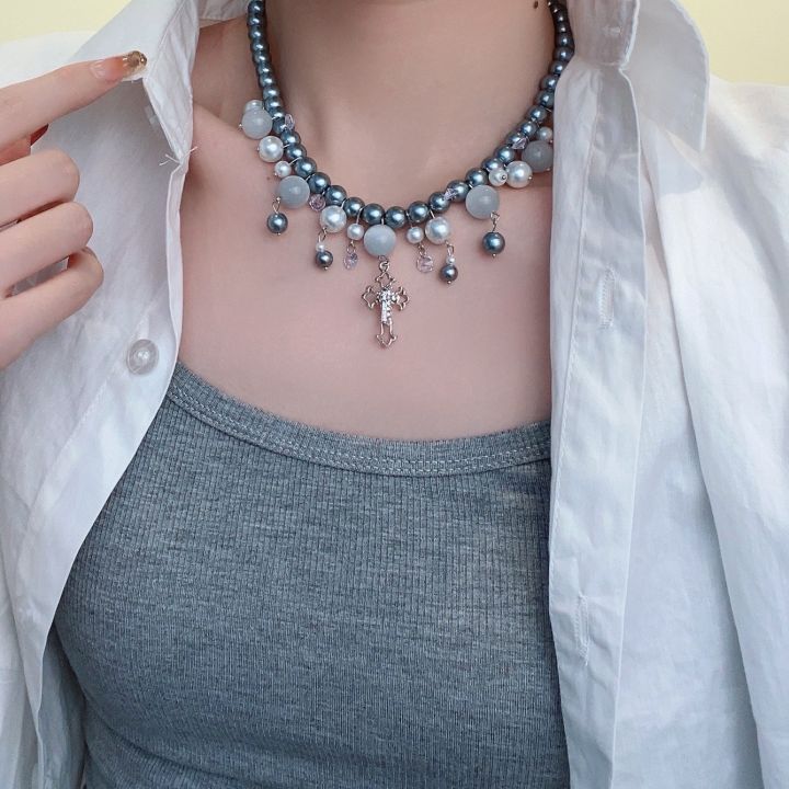 【Innovative designs】Sweet Cool Elegant Multi-layer Pearl Industry Cross Women's Light Niche Collarbone Chain Choker Necklace Necklace