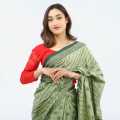 Green Cotton Flower Printed Saree For Women. 