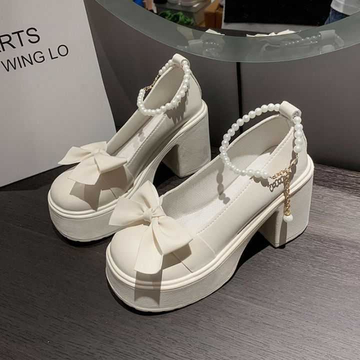 Chanel style Mary Jane shoes for women 2023 New Pearl bow JK single-layer shoes thick heel platform spring and autumn small leather shoes