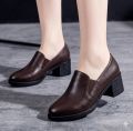 Fashion Elegant Deep Mouth Soft Leather Shoes Women Fall Spring 2026 Black Block Med Heels Pumps For Ladies Office Casual Work. 