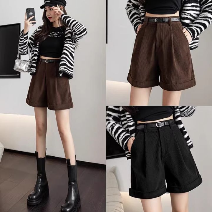 Corduroy%20shorts%20women's%20autumn%20winter%202024%20new%20high-waisted%20slim%20black%20casual%20a-line%20shorts%20to%20wear%20wide-leg%20boots%20and%20pants%20-%20Image%204