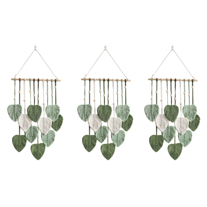 OUMERY 3X Leaf Macrame Wall Hanging Boho Room Home Decor Woven Aesthetic Wall Tapestry Home Room Wedding Decoration Green