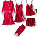 JAD 5 Pc Stylish Designer Nighty Set with Contrast Lace for Girls Women. 