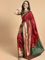 Red & Green Zari Silk Blend Banarasi Saree. 
