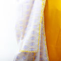 Karvi Yellow & Purple Geometric Print Malmal Khasto Shawl Pure Cotton Made in Nepal. 