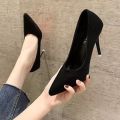 Plain Black Pointed High Pencil Heel Close Shoe For Women 660. 