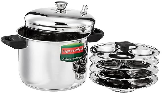 SignoraWare Modern Stainless Steel Idli Cooker with Sandwich Bottom (Induction and Gas Stove Compatible Idli Maker) (Silver, 16 Idlies) 4-Plates, Silver code-3128