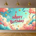 Birthday Backdrop Whimsical Theme Background Happy Colorful Photo Booth Party Decoration Pink Clouds Stars Streamers Children's. 