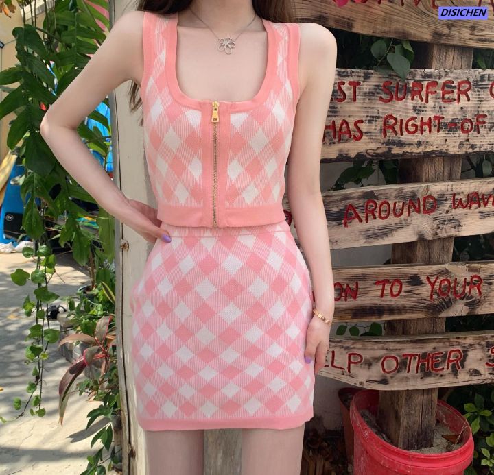 DISICHEN%20%E3%80%90Shop%20with%20Confidence%E3%80%91%20Academy%20Style%20Suit%20Summer%20Korean%20Style%20Sweet%20Short-sleeved%20Women's%20Plaid%20Camisole%20Vest%20+%20Knitted%20Skirt%20Fashion%20-%20Image%203