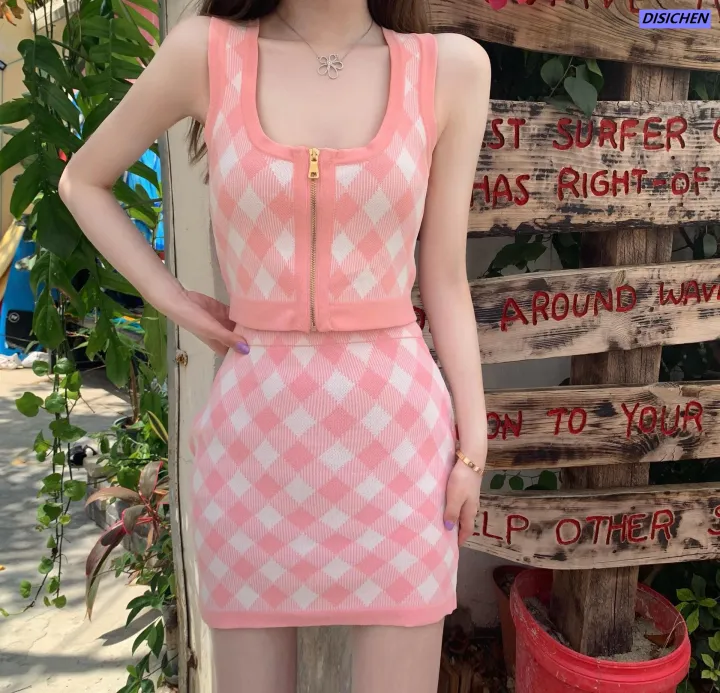 DISICHEN%20%E3%80%90Shop%20with%20Confidence%E3%80%91%20Academy%20Style%20Suit%20Summer%20Korean%20Style%20Sweet%20Short-sleeved%20Women's%20Plaid%20Camisole%20Vest%20+%20Knitted%20Skirt%20Fashion%20-%20Image%203
