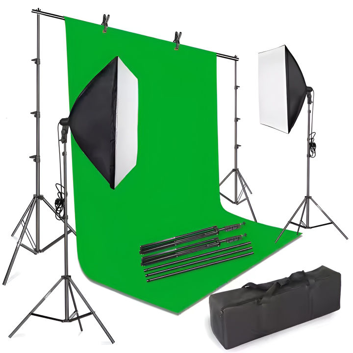 Complete Photography Video Studio Softbox Lighting Kit | All In One Studio Setup Included 9x9ft Stand, Green Screeen, Softbbox & There Stand.