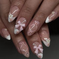 Pointed nails oval design flowers wear bow pink nails almond 24Pcs pressed nails long french belt manicure full coverage. 