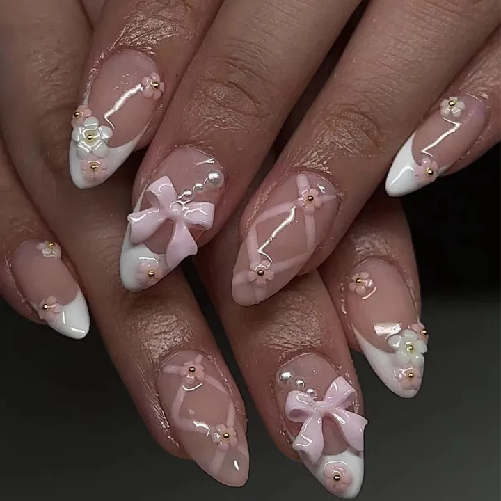 Pointed%20nails%20oval%20design%20flowers%20wear%20bow%20pink%20nails%20almond%2024Pcs%20pressed%20nails%20long%20french%20belt%20manicure%20full%20coverage%20-%20Image%202