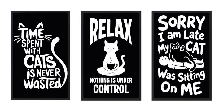 3 Piece Cat Wall Art Set – Funny Cat Quote Black & White Decorative Posters | One Piece Frame