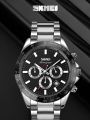 SKMEI 9259: Multifunction Stainless Steel Chronograph Watch with with Luminous Hands & Date Waterproof for Men (silver-black). 