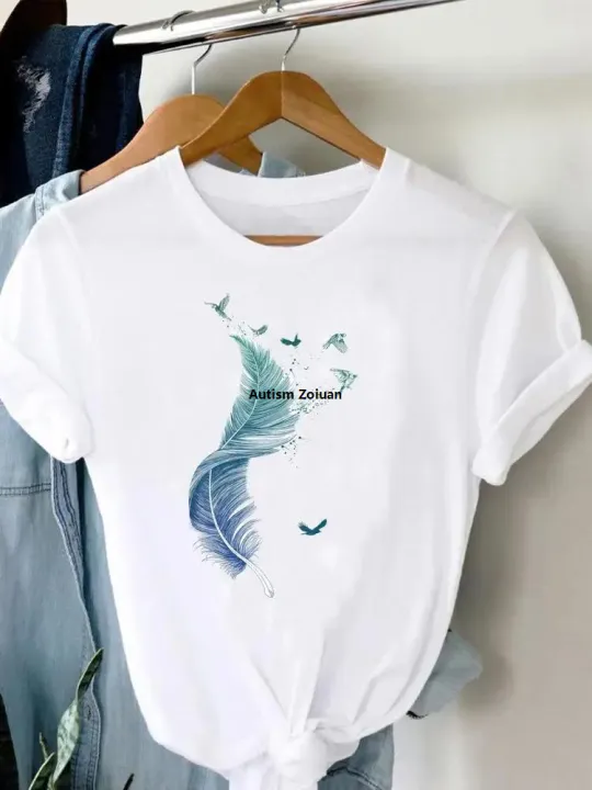 Tops%20Women's%20Pictorial%20Clothing%20Graphic%20Clothing%20Short%20Sleeve%20Summer%20T-Shirt%20Women's%20T-Shirt%20Printed%20T%20Feather%20Bird%20Clothing%20Fashion%20-%20Image%202