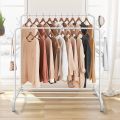 Metal Double Rail Garment Rack Heavy Duty Clothes Hang Movable with 1 Tier Storage Shelf and 4 Side Hooks Freestanding Organizer Shelf Bedroom. 