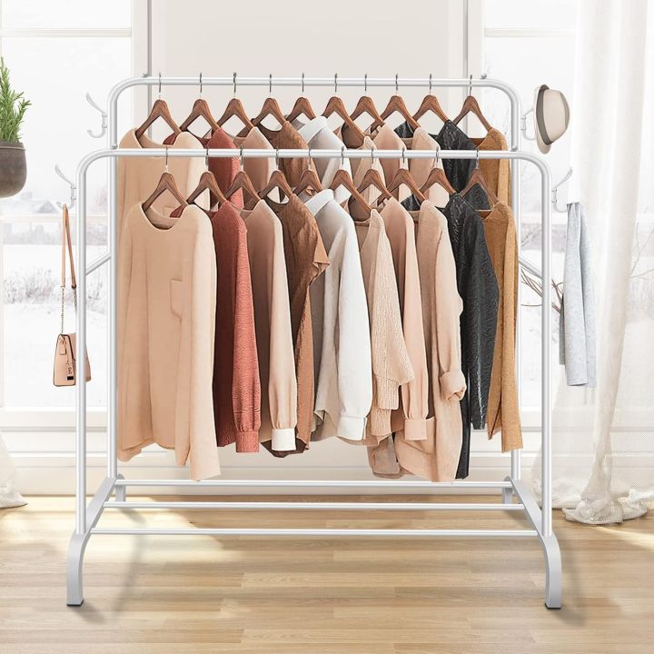 Metal%20Double%20Rail%20Garment%20Rack%20Heavy%20Duty%20Clothes%20Hang%20Movable%20with%201%20Tier%20Storage%20Shelf%20and%204%20Side%20Hooks%20Freestanding%20Organizer%20Shelf%20Bedroom%20-%20Image%203