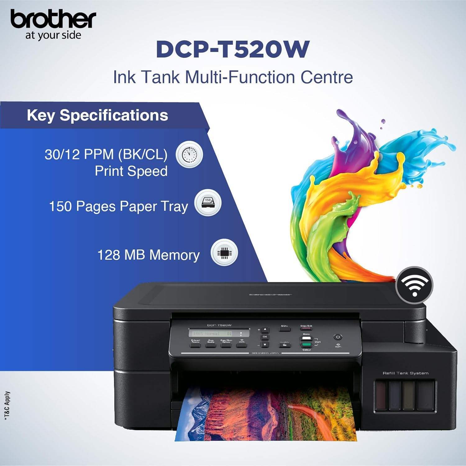 Brother DCP-T520W 3-in-1 (Print, Scan, Copy) Multifunction Printer With Wireless and Mobile Printing 1 Line Display Windows, macOS Supported