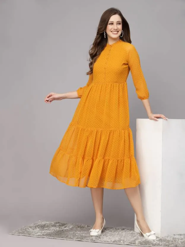 one piece for Women girls Fit Flare Yellow color Mandarin Collar