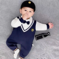 Navy Blue Cotton Bow Romper Photoshoot Dress Full Sleeve Baby Boy Romper Suja Sansar. 