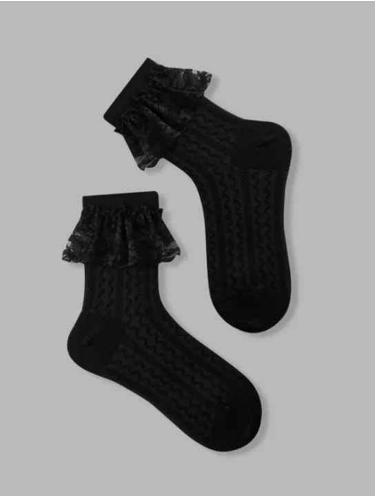Socks%20For%20Women%20Summer%20Cotton%20Blend%201%20Pair%20Ruffle%20Bowknot%20Cute%20Casual%20Style%20Black%20and%20White%20-%20Image%208