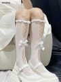 Wenefang 1 pair of Lolita calf socks with bow tie and cross tie wooden ear lace stockings JK girls' bow princess stockings. 