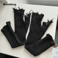 Wenefang 1pair Black Tattered Punk Unisex Fingerless Cuff Knit Gloves Women Men Elbow Length Mittens Broken Stretch Arm Warmer Gloves. 