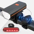 Rechargeable bicycle light with electric bell, super bright mountain bike light, night riding horn light, 2-in-1 with tail light set. 