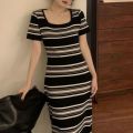 Sweet Square Neck Stripe Long Dress Slim Fit Beachwear Short Sleeve Dresses Simple Spicy Girl Stripe Knitted Dress Summer. 