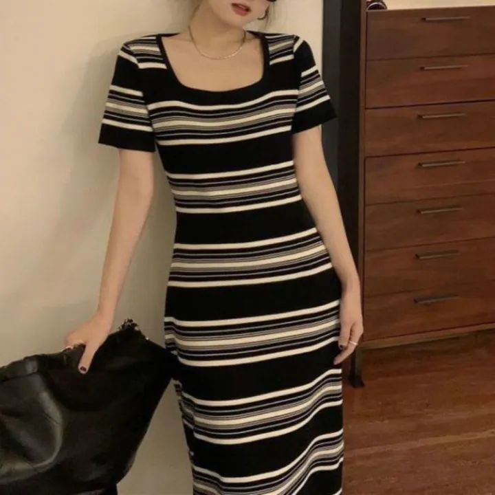 Sweet%20Square%20Neck%20Stripe%20Long%20Dress%20Slim%20Fit%20Beachwear%20Short%20Sleeve%20Dresses%20Simple%20Spicy%20Girl%20Stripe%20Knitted%20Dress%20Summer%20-%20Image%206