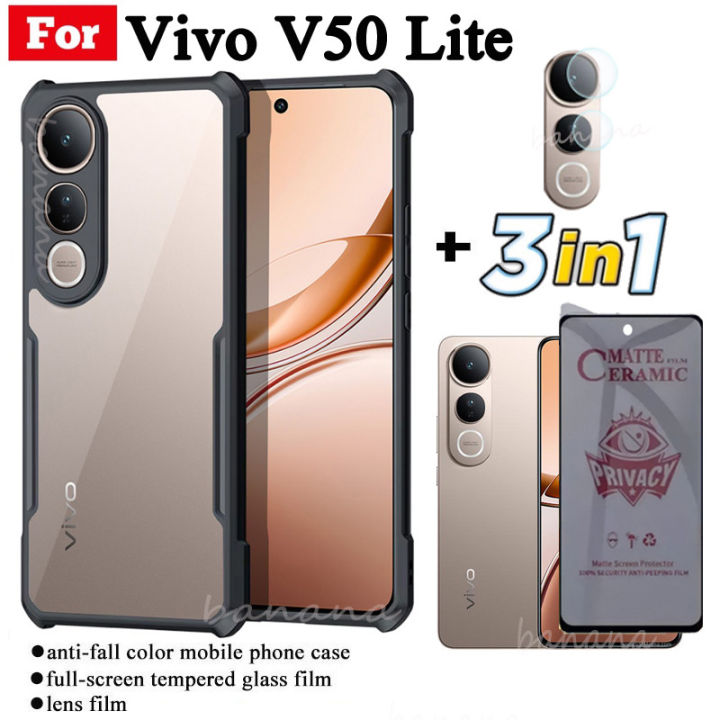 3 in 1 Vivo V50 Lite Shockproof Phone Case for Vivo V40 Lite Y19S Y04 Y39 5G Y29 4G Anti Spy Soft Ceramic Matte Privacy Tempered Glass