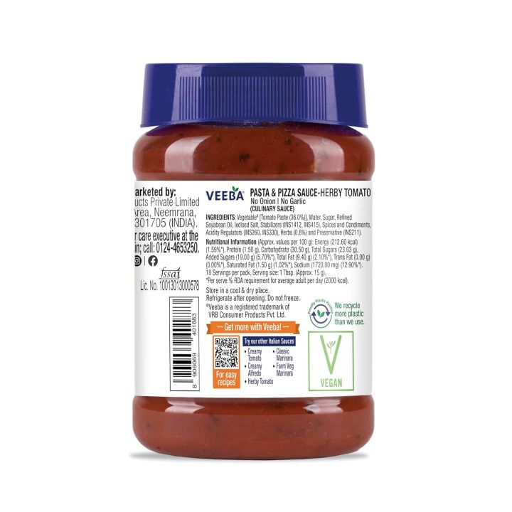 Veeba Pasta and Pizza Sauce - No Onion No Garlic,280g -Near Me