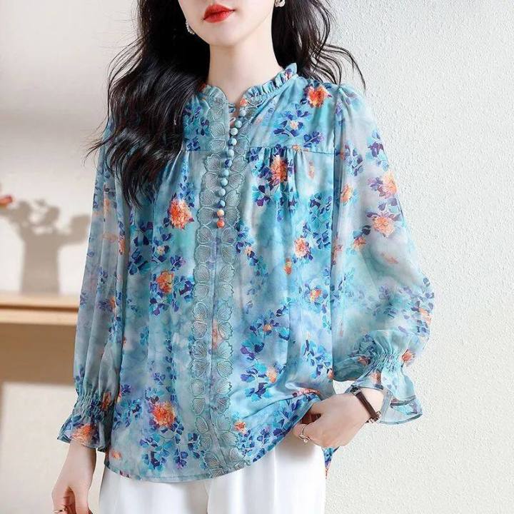 New%20Korean%20Thin%20Style%20Temperament%20Women's%20Blouse%20Plus%20Size%20Printed%20Design%20Lantern%20Sleeve%20Casual%20Shirts%20-%20Image%204