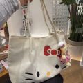 Cute Cartoon Kitty Tote Bag Large Capacity Canvas Shoulder Bag Lightweight Solid Color Travel Printed Handbag. 