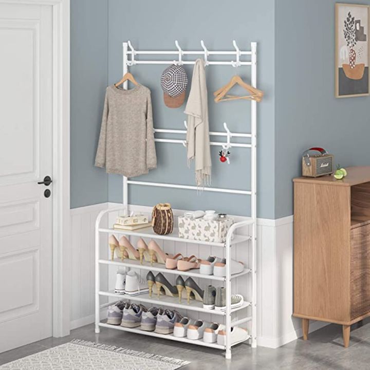 4 Layer Standing Hanging Multifunctional Shoe Rack Coat Stand Organizer ...