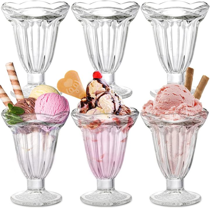 6 Pack Glass Tulip Sundae Cups, 6.7 Ounce Clear Milkshakes Footed Ice Cream Cups Dessert Bowls Set for Sherbet Trifle, Fruit, Salad, Snack, Cocktail